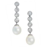 A PAIR OF PEARL AND DIAMOND DROP EARRINGS in 18ct white gold, each set with a pearl of 12.0mm