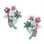 A PAIR OF RUBY, EMERALD AND DIAMOND TUTTI FRUTTI EARRINGS each designed as a bouquet of flowers