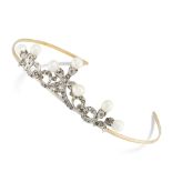 A PEARL AND DIAMOND TIARA the plain band with applied scrolling designs set with rose cut diamonds