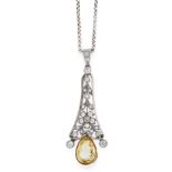 A CEYLON NO HEAT YELLOW SAPPHIRE AND DIAMOND PENDANT AND CHAIN in 18ct white and yellow gold, the