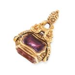 AN ANTIQUE CARNELIAN, AMETHYST AND CITRINE ROTATING INTAGLIO FOB SEAL PENDANT, 19TH CENTURY in