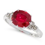 AN UNHEATED RUBY AND DIAMOND RING set with a cushion cut ruby of 2.50 carats, the shoulders set