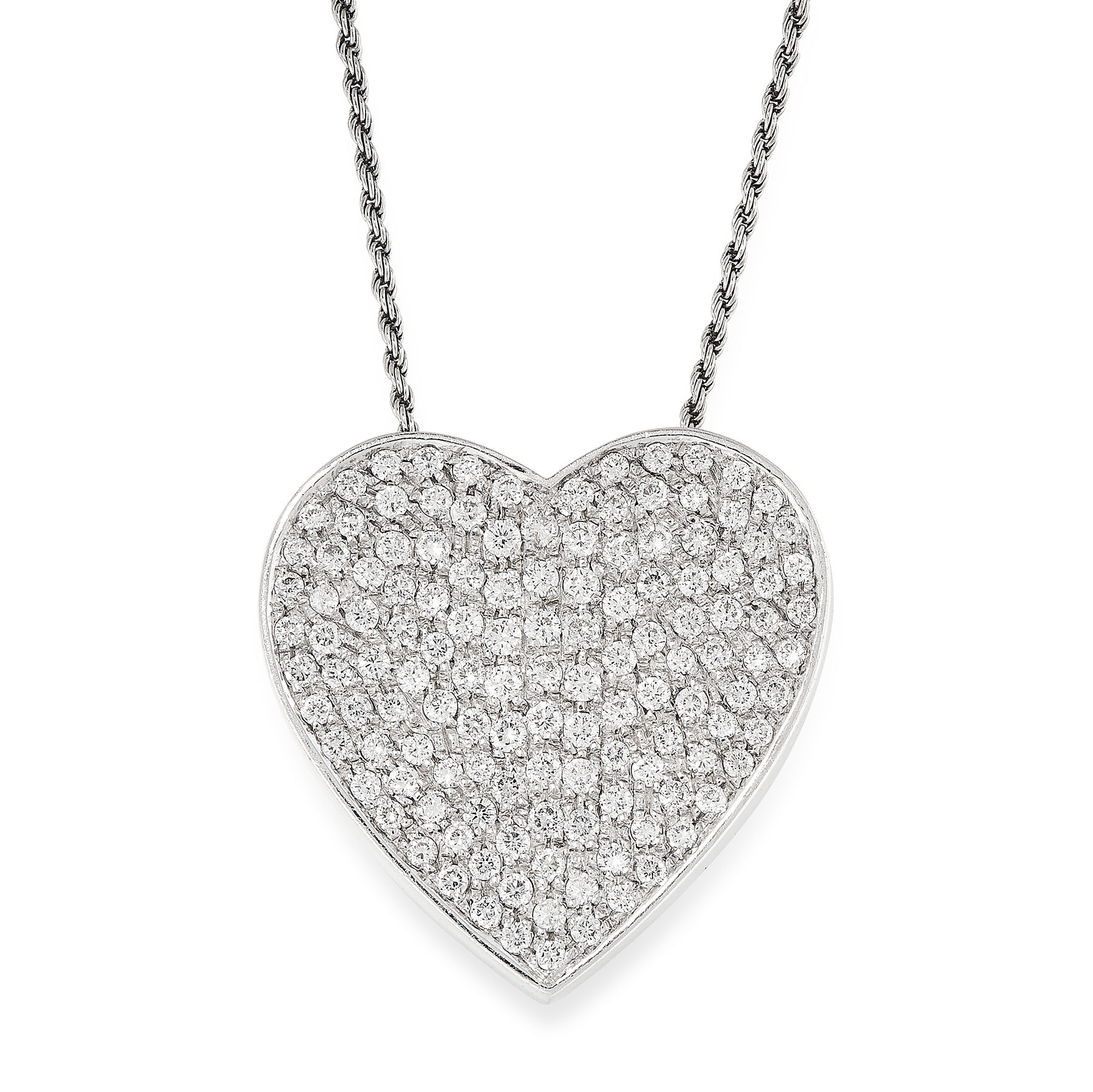 A DIAMOND HEART PENDANT AND CHAIN in 18ct white gold, the pendant in the form of a heart, set