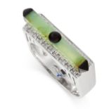 A JADE, ONYX AND DIAMOND DRESS RING in 18ct white gold, set with a polished baton of jade accented