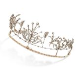 AN ANTIQUE PEARL AND DIAMOND TIARA, 19TH CENTURY in yellow gold and silver, the frame with applied