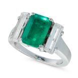 A COLOMBIAN EMERALD AND DIAMOND RING, GUBELIN in 18ct white gold, set with an emerald cut emerald of