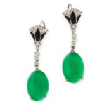 A PAIR OF JADE, DIAMOND AND ENAMEL EARRINGS each set with an oval jade cabochon accented above by