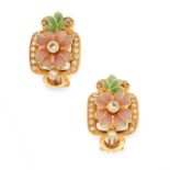 A PAIR OF ENAMEL AND DIAMOND EARRINGS, MASRIERA Y CARRERAS in 18ct yellow gold, each designed as a