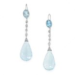 A PAIR OF AQUAMARINE AND DIAMOND DROP EARRINGS each set with a briolette cut aquamarine of 13.5