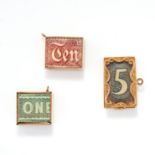 A SET OF THREE MONEY BOX PENDANTS in yellow gold, in rectangular design, each contains a folded