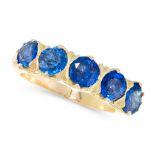 A SAPPHIRE FIVE STONE DRESS RING in high carat yellow gold, set with a row of five round cut blue