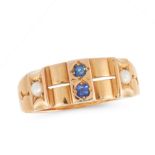 AN ANTIQUE SAPPHIRE AND PEARL RING in 15ct yellow gold, the panel face is set with two round cut