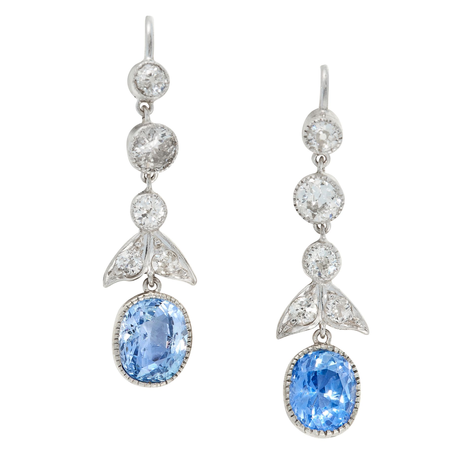 A PAIR OF SAPPHIRE AND DIAMOND EARRINGS, EARLY 20TH CENTURY each set with a cushion cut blue