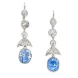 A PAIR OF SAPPHIRE AND DIAMOND EARRINGS, EARLY 20TH CENTURY each set with a cushion cut blue