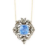 A CEYLON NO HEAT SAPPHIRE AND DIAMOND PENDANT AND CHAIN in 18ct yellow gold and silver, comprising