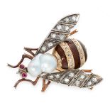 A PEARL, DIAMOND, RUBY AND ENAMEL INSECT BROOCH in yellow gold and silver, in the form of a bee, the