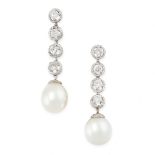 A PAIR OF PEARL AND DIAMOND DROP EARRINGS in 18ct white gold, each set with a pearl of 12.0mm