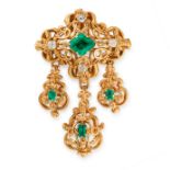 AN ANTIQUE EMERALD AND DIAMOND PENDANT / BROOCH, 19TH CENTURY in yellow gold, the body set with a