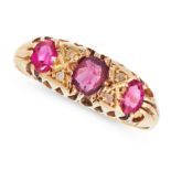 AN ANTIQUE RUBY AND DIAMOND RING in 18ct yellow gold, set with three oval cut rubies accented by