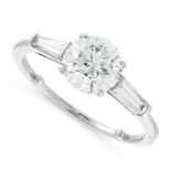 A SOLITAIRE DIAMOND DRESS RING set with a round cut diamond of 1.65 carats between two tapered