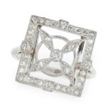 A DIAMOND DRESS RING, CIRCA 1930 the square face with a central propellor motif, jewelled with old