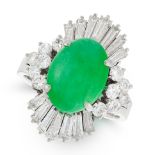 A JADEITE JADE AND DIAMOND DRESS RING in platinum, set with an oval jade cabochon of 3.68 carats,