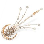 AN ANTIQUE DIAMOND AND PEARL SHOOTING STAR AND CRESCENT MOON BROOCH, 19TH CENTURY in yellow gold and