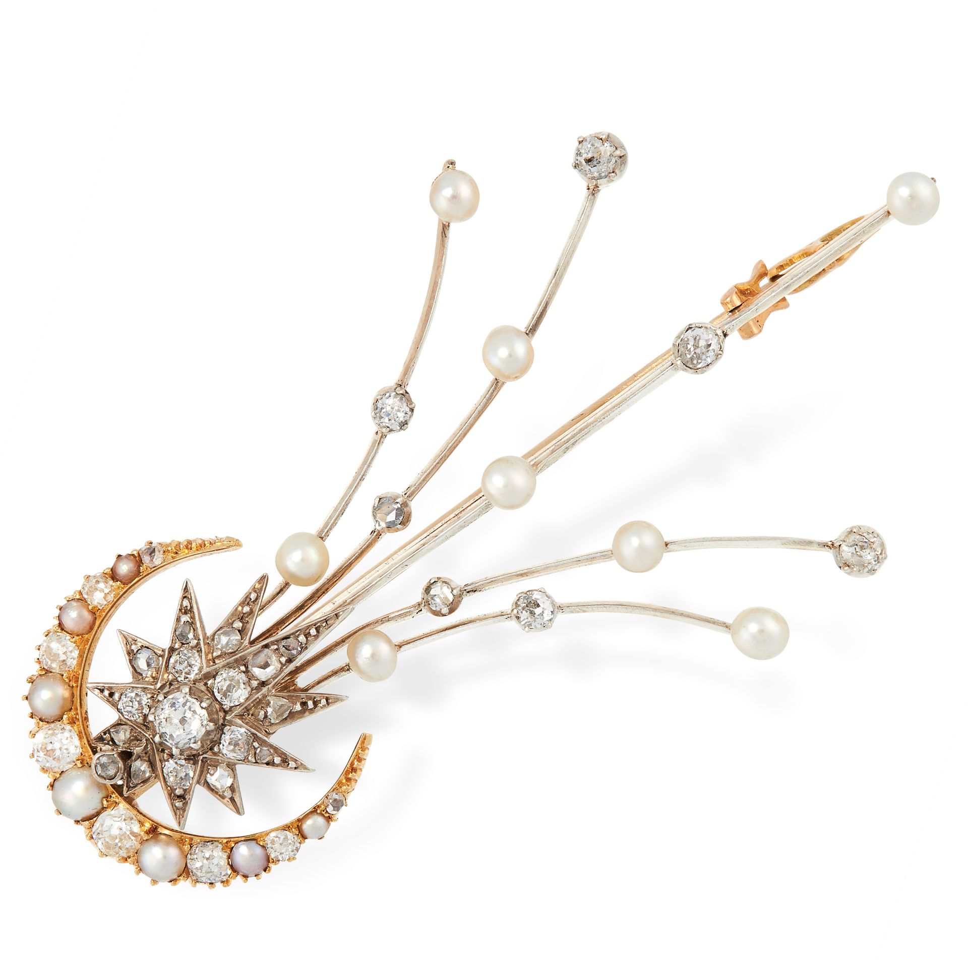 AN ANTIQUE DIAMOND AND PEARL SHOOTING STAR AND CRESCENT MOON BROOCH, 19TH CENTURY in yellow gold and