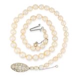 A FINE NATURAL PEARL AND DIAMOND NECKLACE in 18ct white gold, comprising a single row of fifty-