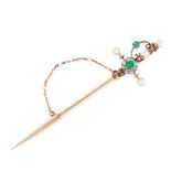 AN ANTIQUE EMERALD, DIAMOND AND PEARL SWORD PIN / BROOCH in yellow gold, designed as a sword, set