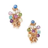 A PAIR OF VINTAGE GEMSET CLIP EARRINGS in yellow gold, each of foliate design, set with red, blue,