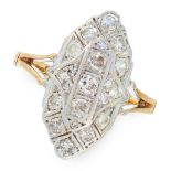 A DIAMOND DRESS RING in 18ct yellow gold and silver, the navette shaped face set with round cut