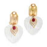 A PAIR OF RUBY, DIAMOND AND ROCK CRYSTAL EARRINGS in yellow gold, the gold top suspends a polished