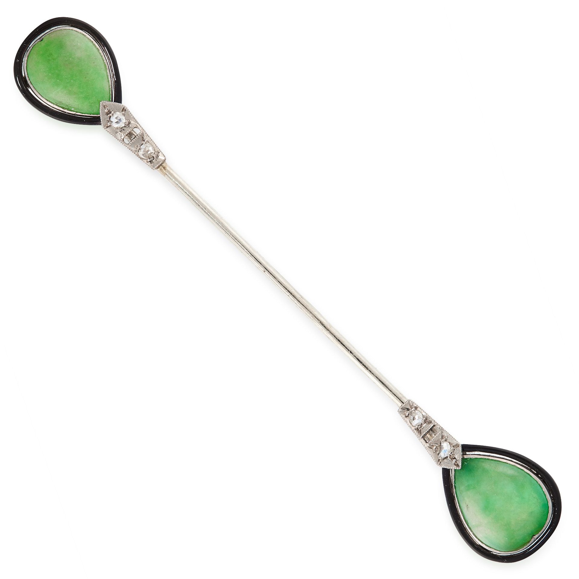 AN ART DECO NATURAL JADEITE JADE, ENAMEL AND DIAMOND JABOT PIN BROOCH, CIRCA 1930 in 18ct white