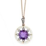 AN ANTIQUE AMETHYST, DIAMOND AND ENAMEL PENDANT in yellow gold and silver, set with a central