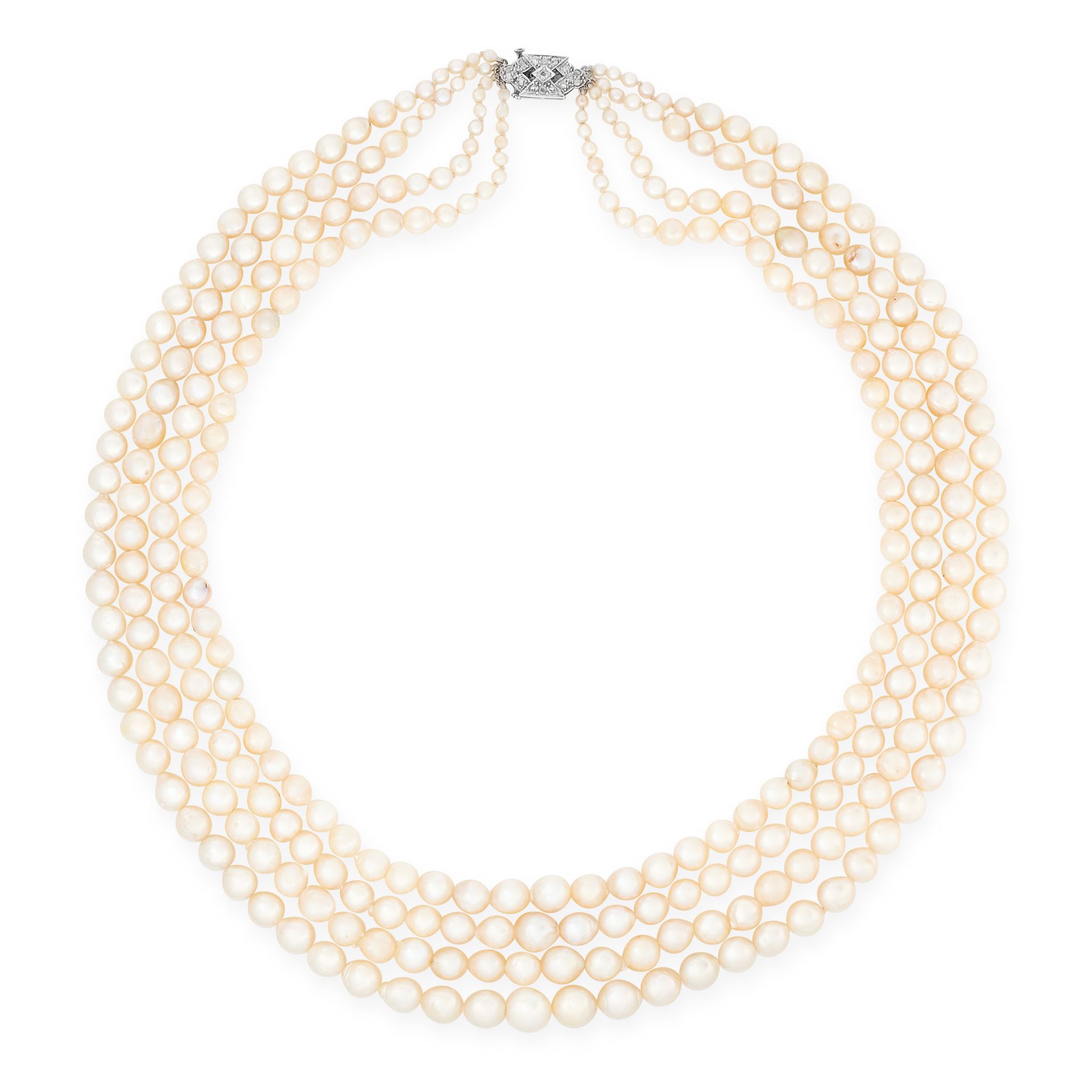 A PEARL AND DIAMOND NECKLACE comprising of four strands of pearls ranging from 2.9mm - 9.8mm in