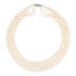 A PEARL AND DIAMOND NECKLACE comprising of four strands of pearls ranging from 2.9mm - 9.8mm in