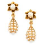 A PAIR OF ANTIQUE PEARL DROP EARRINGS, 19TH CENTURY in yellow gold, each formed of a tapering drop