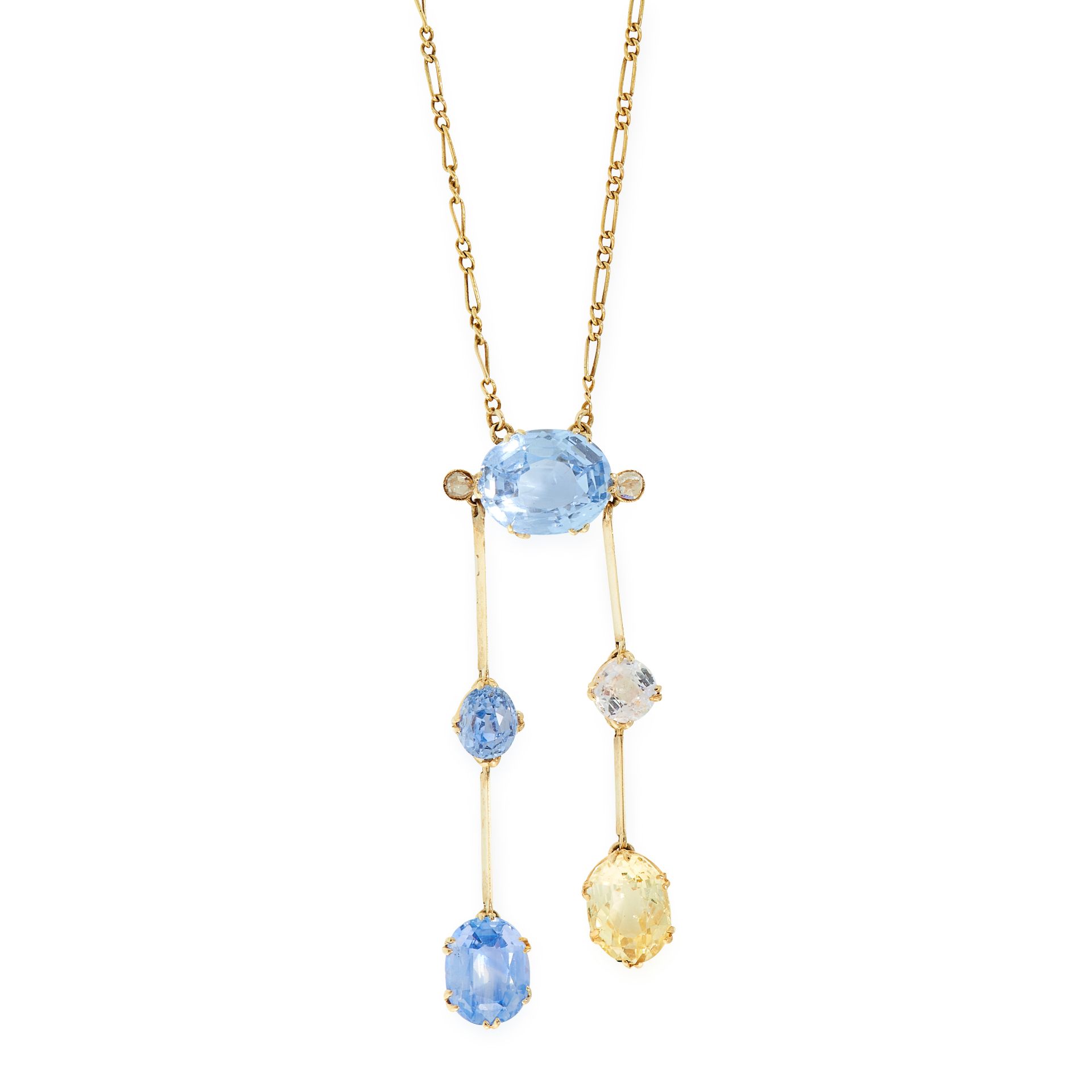 A CEYLON NO HEAT SAPPHIRE AND DIAMOND NEGLIGEE NECKLACE in yellow gold, set with a cushion cut