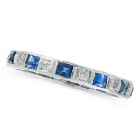 A SAPPHIRE AND DIAMOND ETERNITY BAND RING comprising a single row of alternating step cut