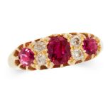 AN UNHEATED RUBY AND DIAMOND DRESS RING in 18ct yellow gold, set with a trio of graduated cushion