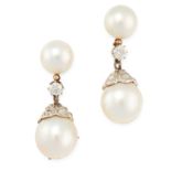 A PAIR OF PEARL AND DIAMOND DROP EARRINGS each set with a drop shaped pearl of 11.2mm below a