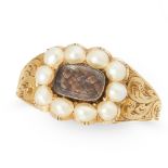 AN ANTIQUE HAIRWORK AND PEARL MOURNING LOCKET RING, 19TH CENTURY in high carat yellow gold, set with