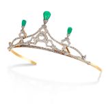 A FINE EMERALD AND DIAMOND TIARA set with three principal cabochon emeralds of 10.76 carats, 3.51