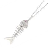 A RUBY, DIAMOND AND MOTHER-OF-PEARL FISH PENDANT in 18ct white gold, in the form of a fish skeleton,