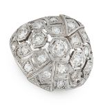 A DIAMOND BOMBE RING in Art Deco design, the bombe face is of pierced open framework design,