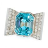 A RETRO BLUE ZIRCON AND DIAMOND COCKTAIL RING, CIRCA 1940 set with an emerald cut blue zircon of