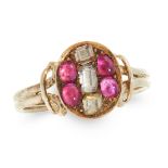 AN ANTIQUE GEMSET DRESS RING in yellow gold, the oval face set with a trio of pieces of step cut