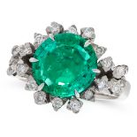 A COLOMBIAN EMERALD AND DIAMOND RING comprising of a round cut emerald of 3.21 carats, in an