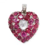AN ANTIQUE RUBY AND DIAMOND HEART MOURNING LOCKET PENDANT in yellow gold and silver, the shape of